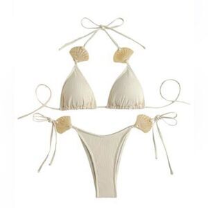 RoseSeek 2 Piece Bikini shell accents, High Cut Halter Triangle String Boho NWOT